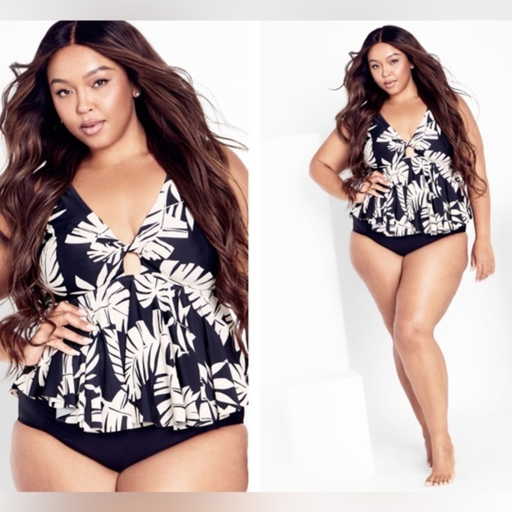 City Chic Black and Cream floral Swim top.